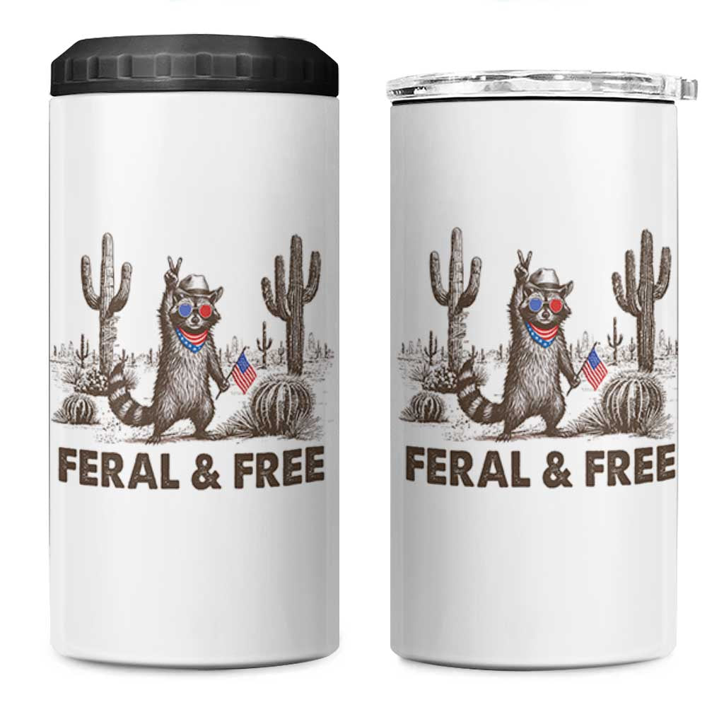 Feral & Free Raccoon 4 in 1 Can Cooler Tumbler Funny 4th of July Cowboy Meme Retro Independence Day - Wonder Print Shop