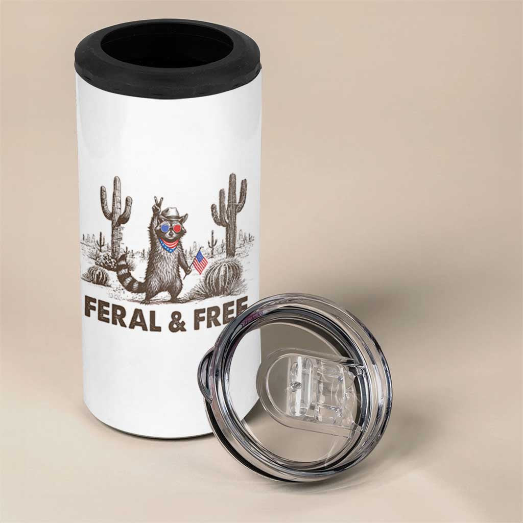 Feral & Free Raccoon 4 in 1 Can Cooler Tumbler Funny 4th of July Cowboy Meme Retro Independence Day - Wonder Print Shop