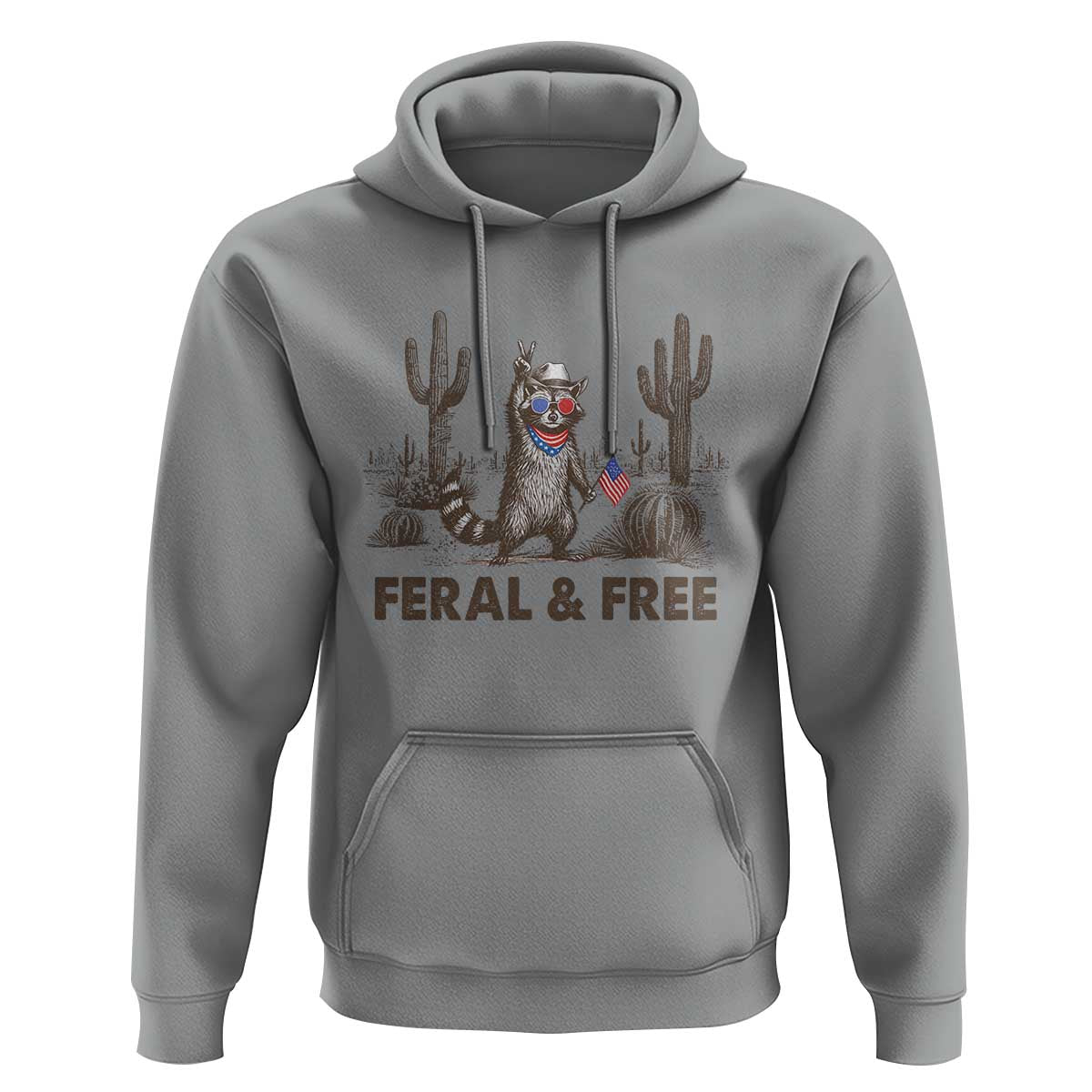 Feral & Free Raccoon Hoodie Funny 4th of July Cowboy Meme Retro Independence Day - Wonder Print Shop