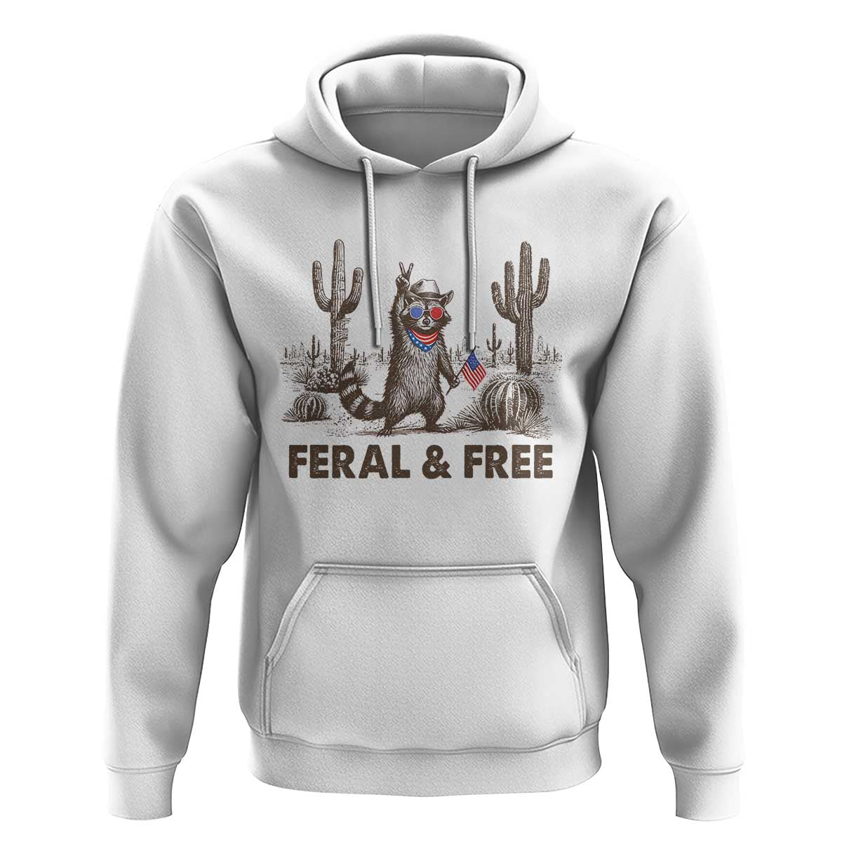 Feral & Free Raccoon Hoodie Funny 4th of July Cowboy Meme Retro Independence Day - Wonder Print Shop