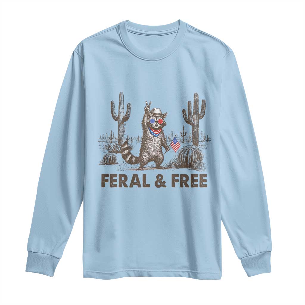 Feral & Free Raccoon Long Sleeve Shirt Funny 4th of July Cowboy Meme Retro Independence Day - Wonder Print Shop