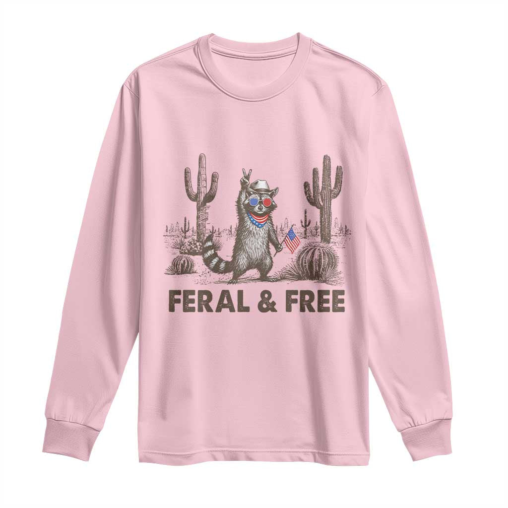 Feral & Free Raccoon Long Sleeve Shirt Funny 4th of July Cowboy Meme Retro Independence Day - Wonder Print Shop