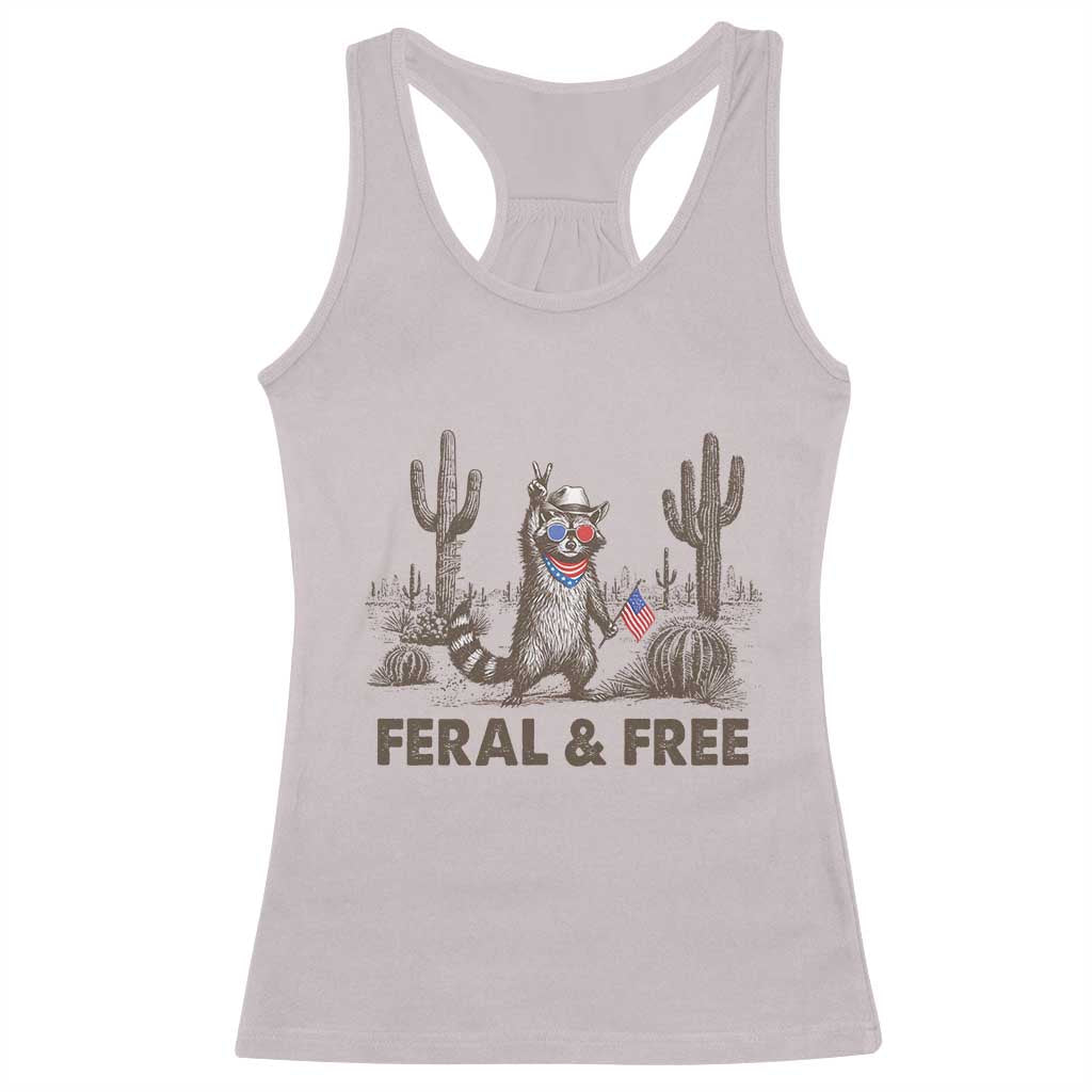 Feral & Free Raccoon Racerback Tank Top Funny 4th of July Cowboy Meme Retro Independence Day - Wonder Print Shop