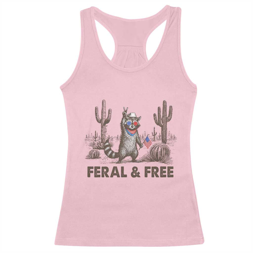 Feral & Free Raccoon Racerback Tank Top Funny 4th of July Cowboy Meme Retro Independence Day - Wonder Print Shop