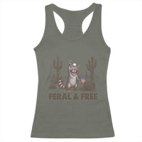 Feral & Free Raccoon Racerback Tank Top Funny 4th of July Cowboy Meme Retro Independence Day - Wonder Print Shop
