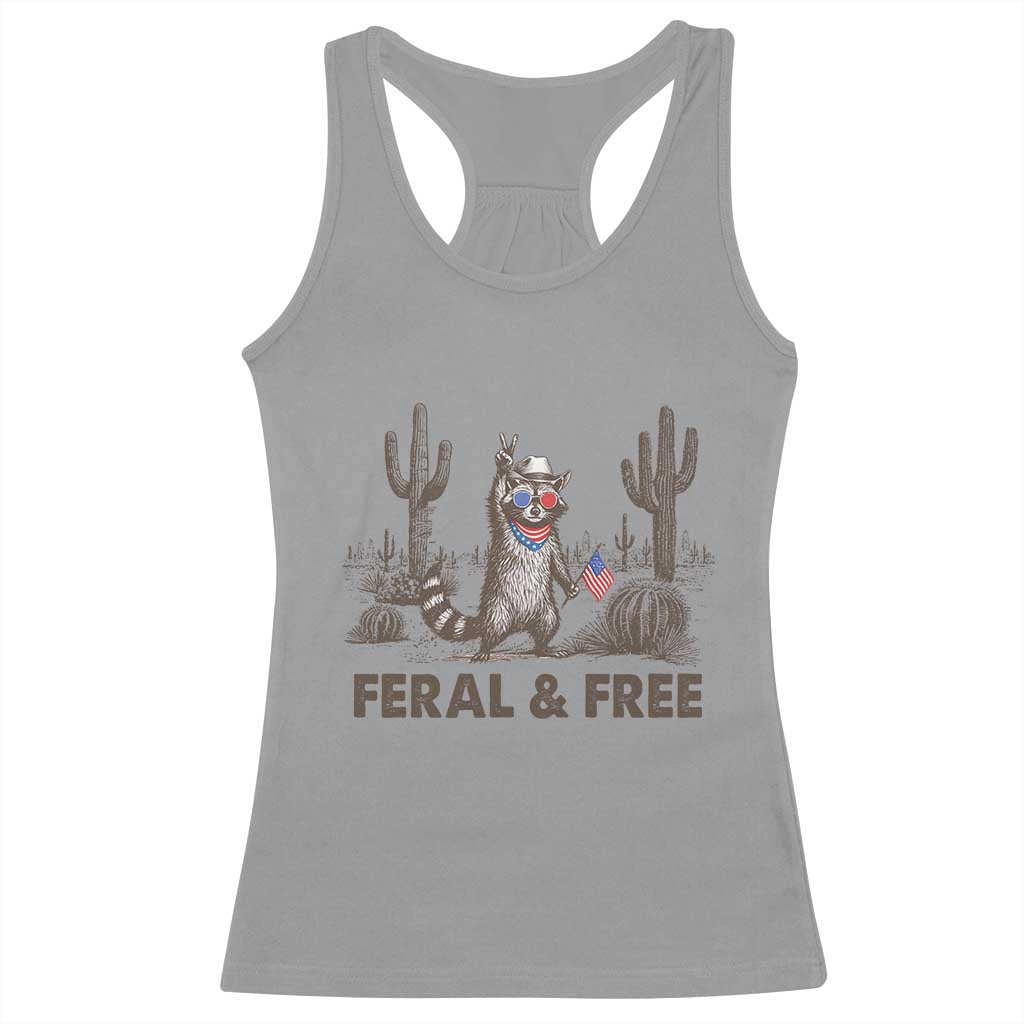 Feral & Free Raccoon Racerback Tank Top Funny 4th of July Cowboy Meme Retro Independence Day - Wonder Print Shop