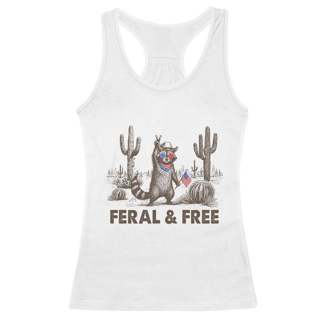 Feral & Free Raccoon Racerback Tank Top Funny 4th of July Cowboy Meme Retro Independence Day - Wonder Print Shop