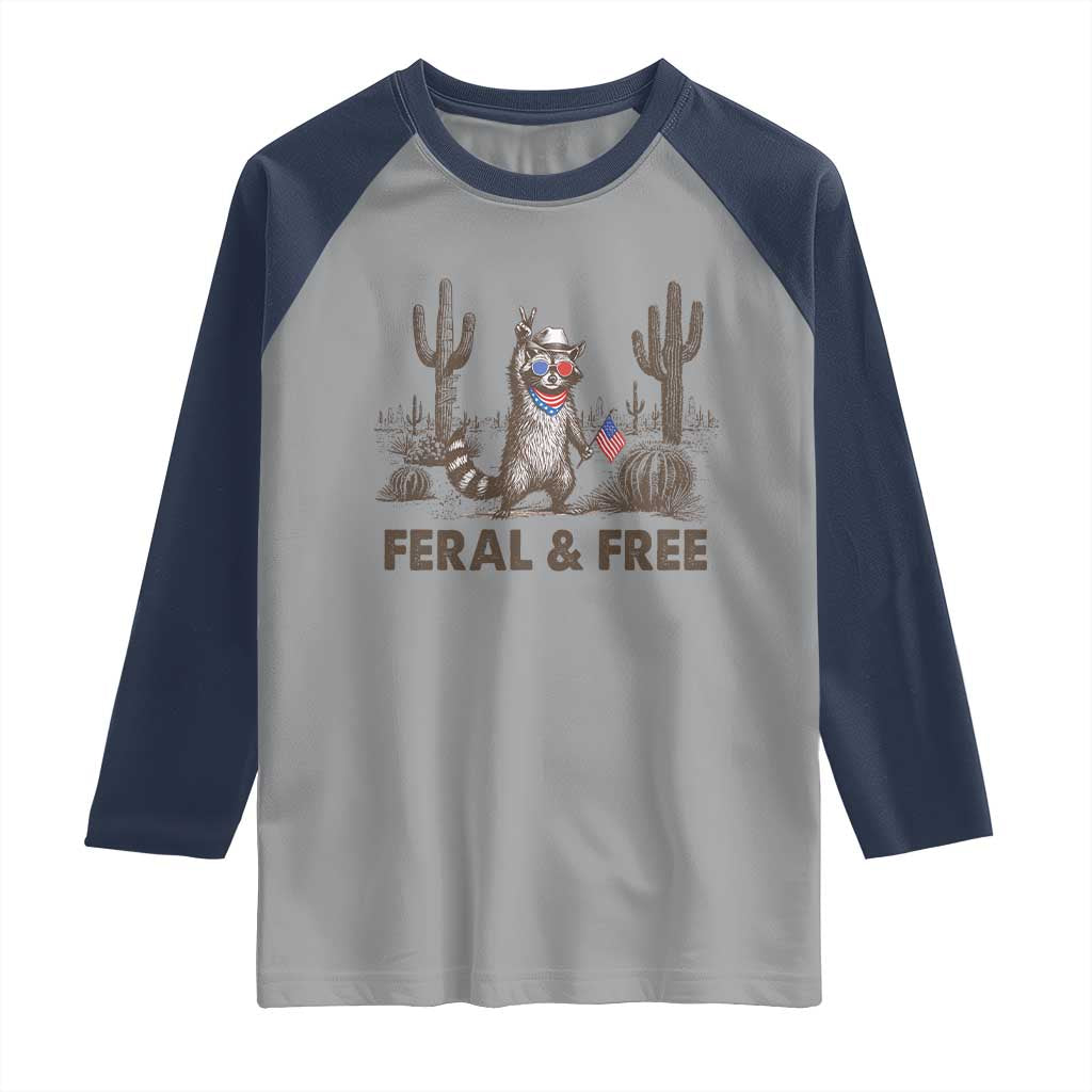 Feral & Free Raccoon Raglan Shirt Funny 4th of July Cowboy Meme Retro Independence Day - Wonder Print Shop