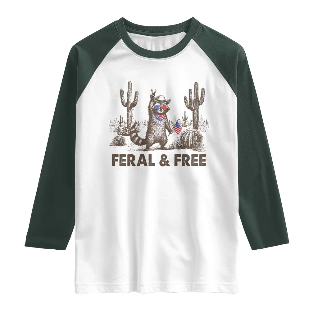 Feral & Free Raccoon Raglan Shirt Funny 4th of July Cowboy Meme Retro Independence Day - Wonder Print Shop
