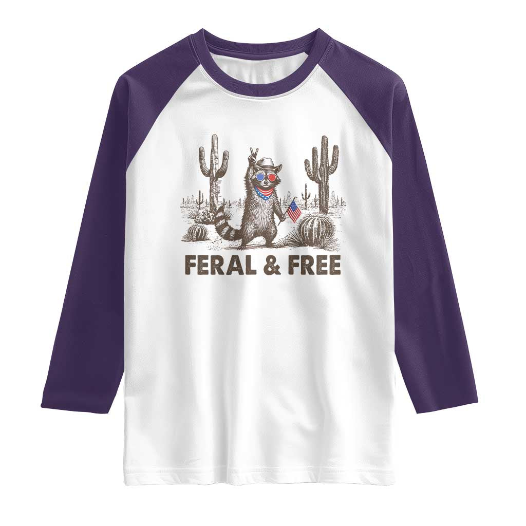 Feral & Free Raccoon Raglan Shirt Funny 4th of July Cowboy Meme Retro Independence Day - Wonder Print Shop