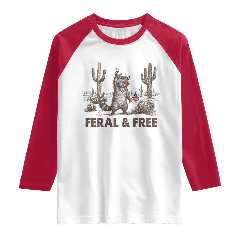 Feral & Free Raccoon Raglan Shirt Funny 4th of July Cowboy Meme Retro Independence Day - Wonder Print Shop