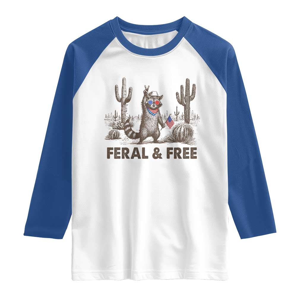 Feral & Free Raccoon Raglan Shirt Funny 4th of July Cowboy Meme Retro Independence Day - Wonder Print Shop