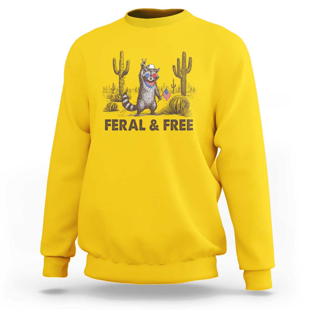 Feral & Free Raccoon Sweatshirt Funny 4th of July Cowboy Meme Retro Independence Day - Wonder Print Shop