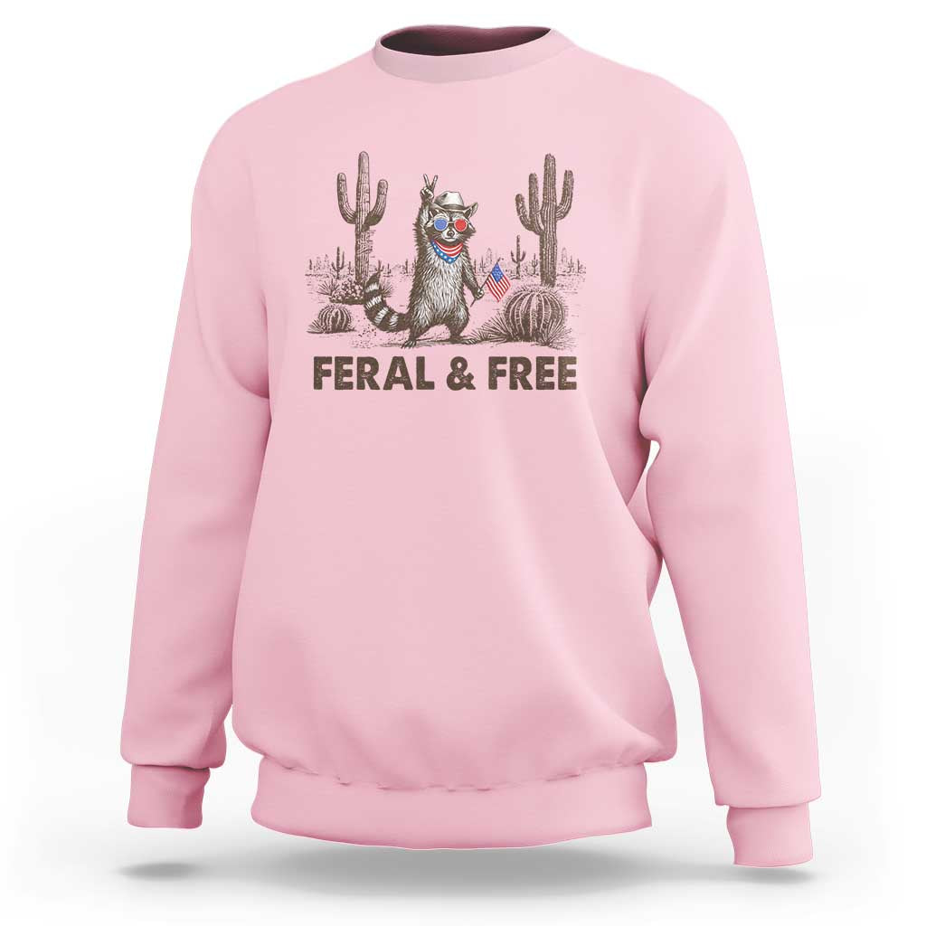 Feral & Free Raccoon Sweatshirt Funny 4th of July Cowboy Meme Retro Independence Day - Wonder Print Shop