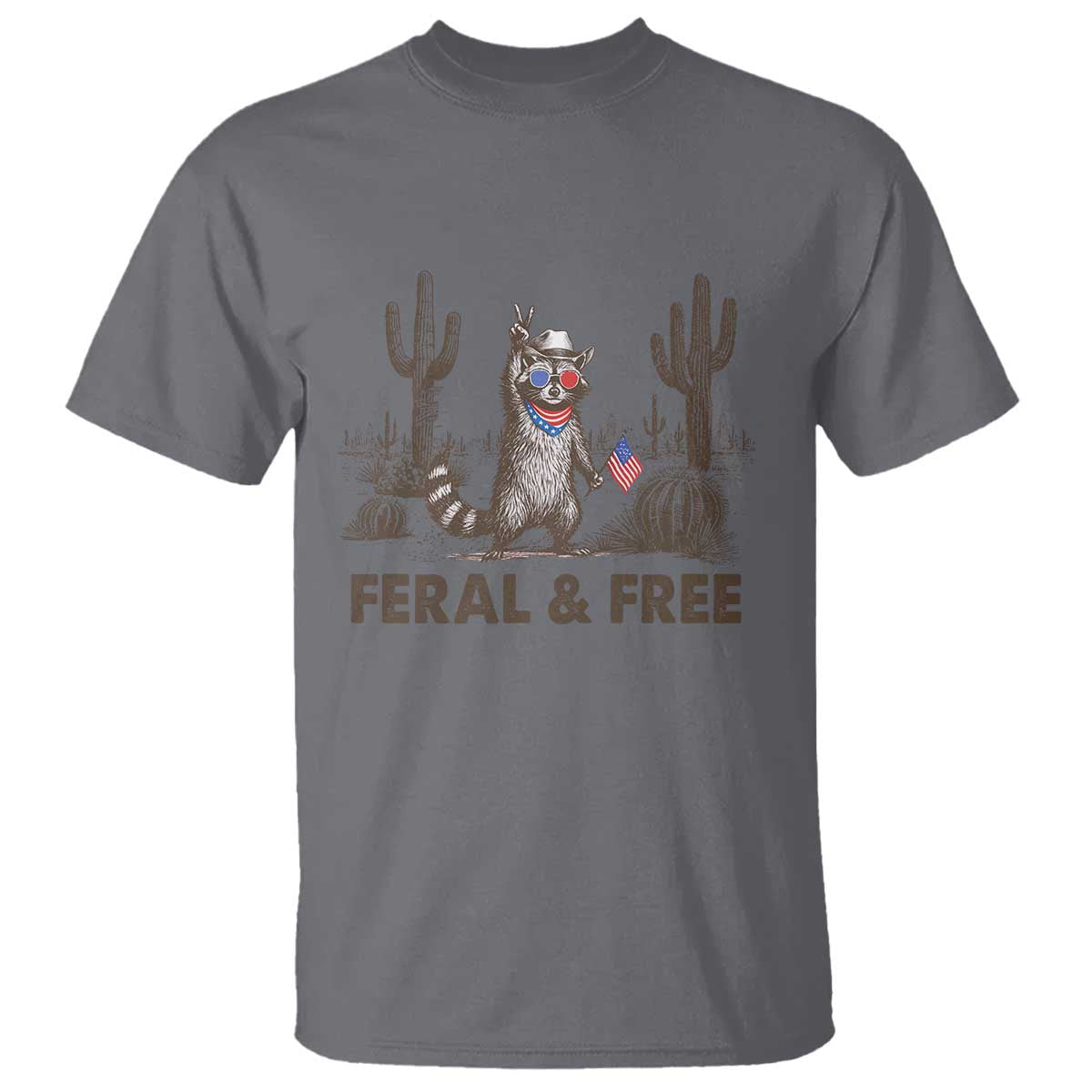 Feral & Free Raccoon T Shirt Funny 4th of July Cowboy Meme Retro Independence Day - Wonder Print Shop