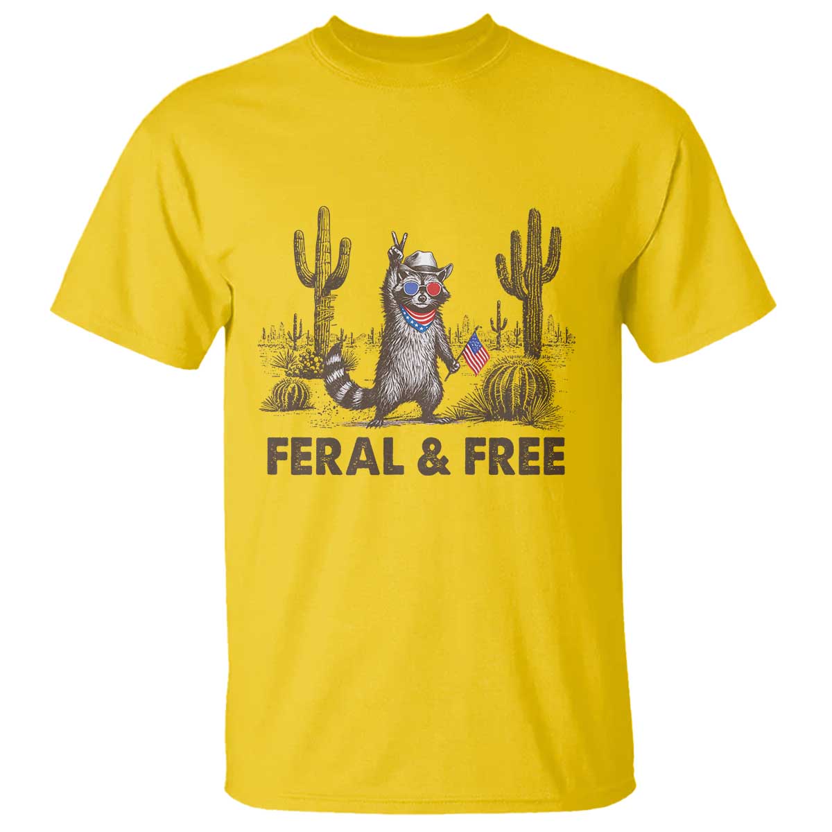 Feral & Free Raccoon T Shirt Funny 4th of July Cowboy Meme Retro Independence Day - Wonder Print Shop