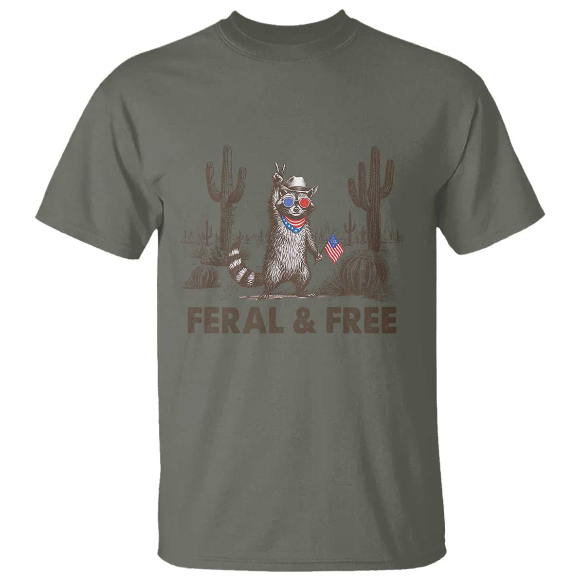 Feral & Free Raccoon T Shirt Funny 4th of July Cowboy Meme Retro Independence Day - Wonder Print Shop