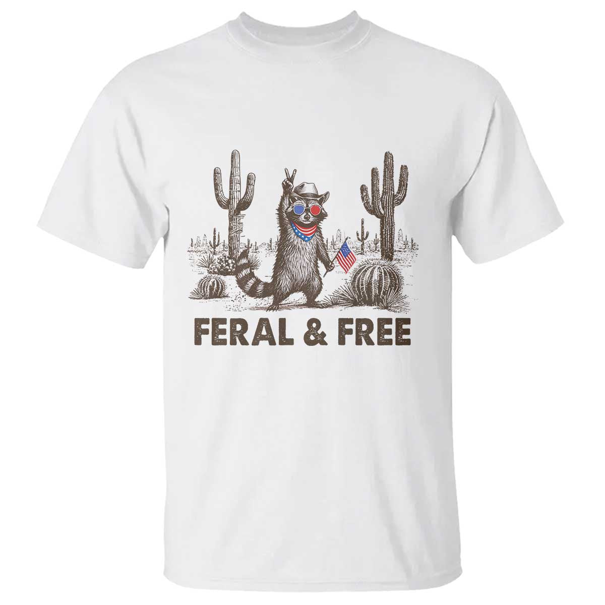 Feral & Free Raccoon T Shirt Funny 4th of July Cowboy Meme Retro Independence Day - Wonder Print Shop