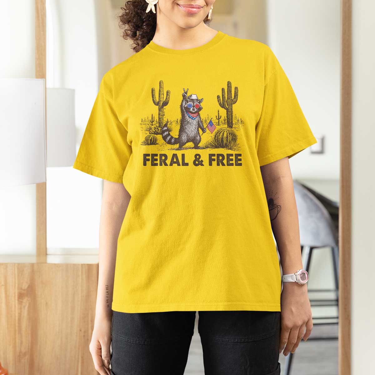Feral & Free Raccoon T Shirt For Women Funny 4th of July Cowboy Meme Retro Independence Day - Wonder Print Shop