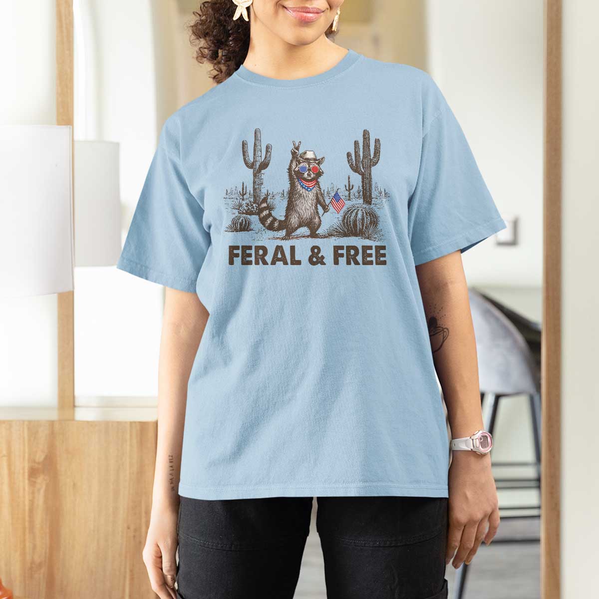 Feral & Free Raccoon T Shirt For Women Funny 4th of July Cowboy Meme Retro Independence Day - Wonder Print Shop