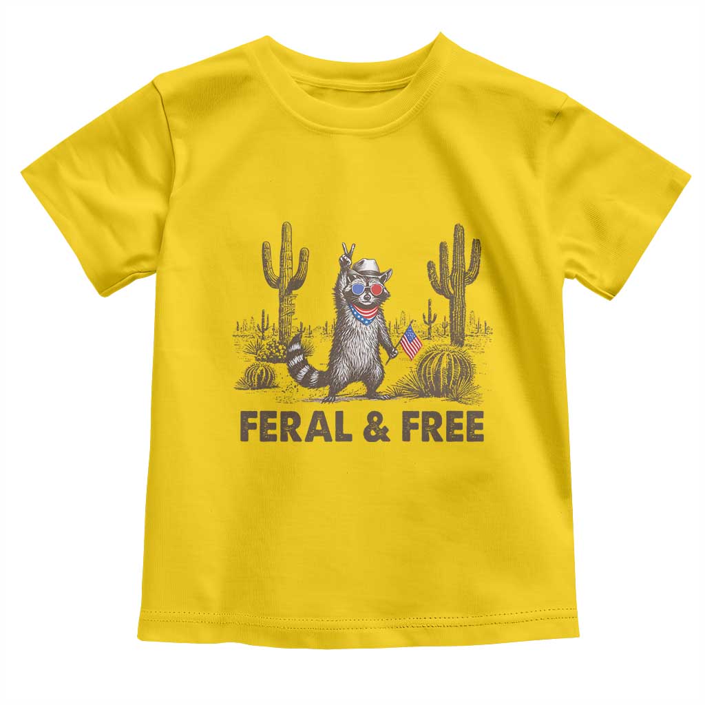 Feral & Free Raccoon Toddler T Shirt Funny 4th of July Cowboy Meme Retro Independence Day - Wonder Print Shop