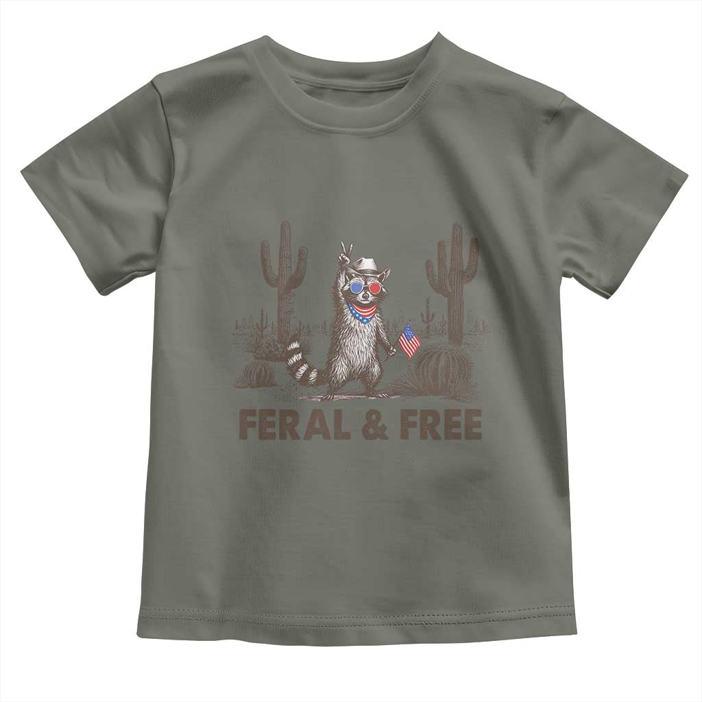 Feral & Free Raccoon Toddler T Shirt Funny 4th of July Cowboy Meme Retro Independence Day - Wonder Print Shop