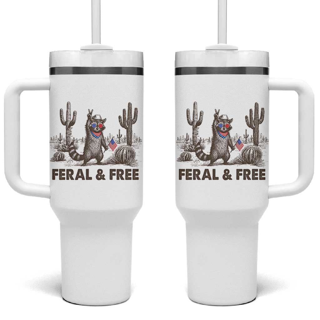 Feral & Free Raccoon Tumbler With Handle Funny 4th of July Cowboy Meme Retro Independence Day - Wonder Print Shop