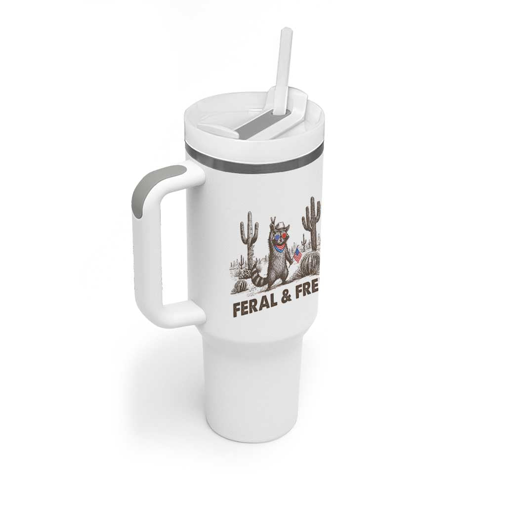 Feral & Free Raccoon Tumbler With Handle Funny 4th of July Cowboy Meme Retro Independence Day - Wonder Print Shop