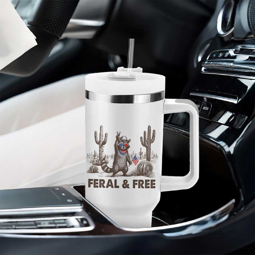 Feral & Free Raccoon Tumbler With Handle Funny 4th of July Cowboy Meme Retro Independence Day - Wonder Print Shop
