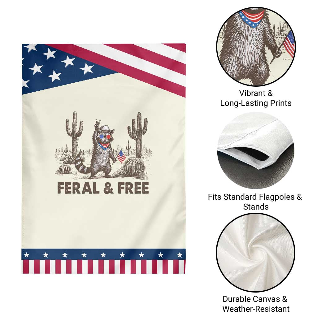 Feral & Free Raccoon Garden Flag Funny 4th of July Cowboy Meme Retro Independence Day