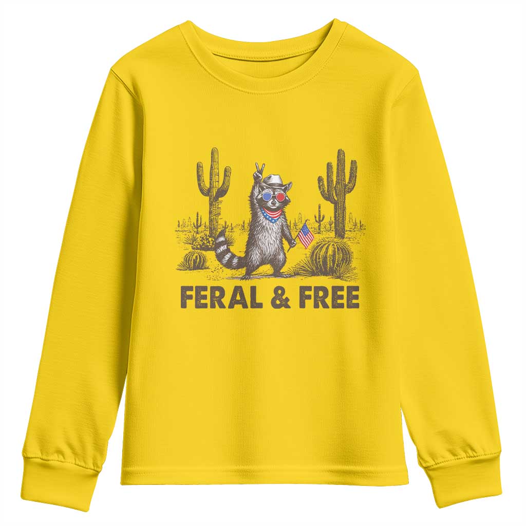 Feral & Free Raccoon Youth Sweatshirt Funny 4th of July Cowboy Meme Retro Independence Day - Wonder Print Shop
