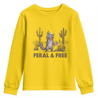 Feral & Free Raccoon Youth Sweatshirt Funny 4th of July Cowboy Meme Retro Independence Day - Wonder Print Shop