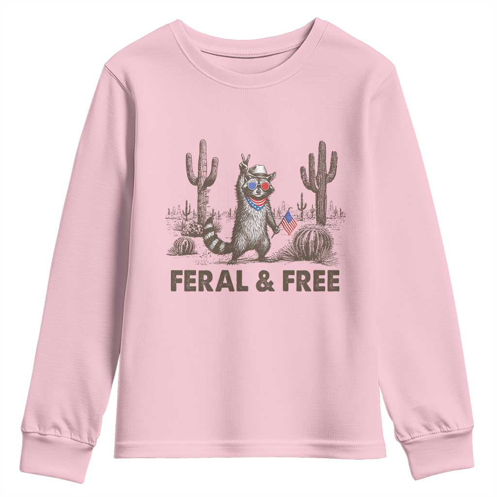 Feral & Free Raccoon Youth Sweatshirt Funny 4th of July Cowboy Meme Retro Independence Day - Wonder Print Shop