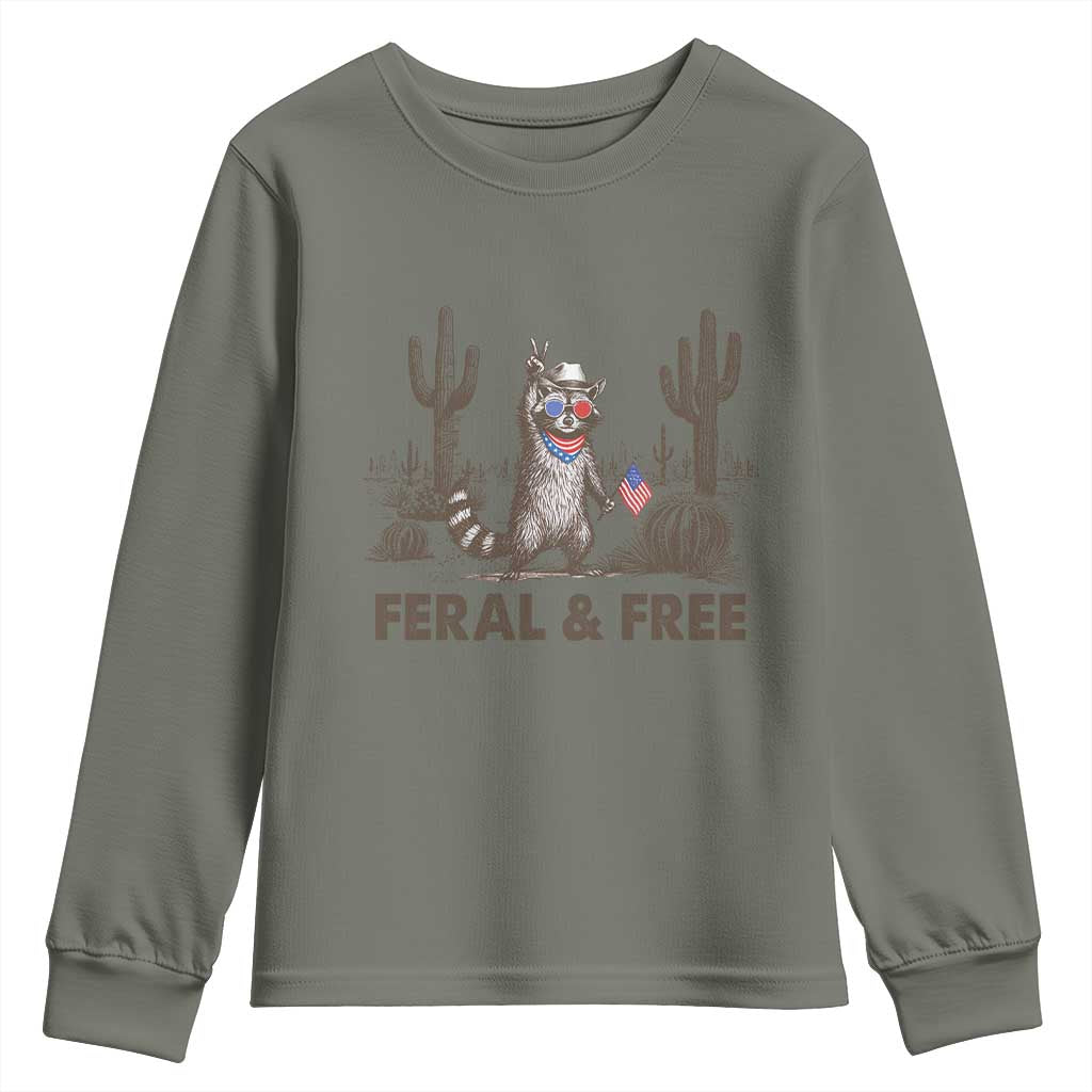 Feral & Free Raccoon Youth Sweatshirt Funny 4th of July Cowboy Meme Retro Independence Day - Wonder Print Shop