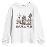 Feral & Free Raccoon Youth Sweatshirt Funny 4th of July Cowboy Meme Retro Independence Day - Wonder Print Shop