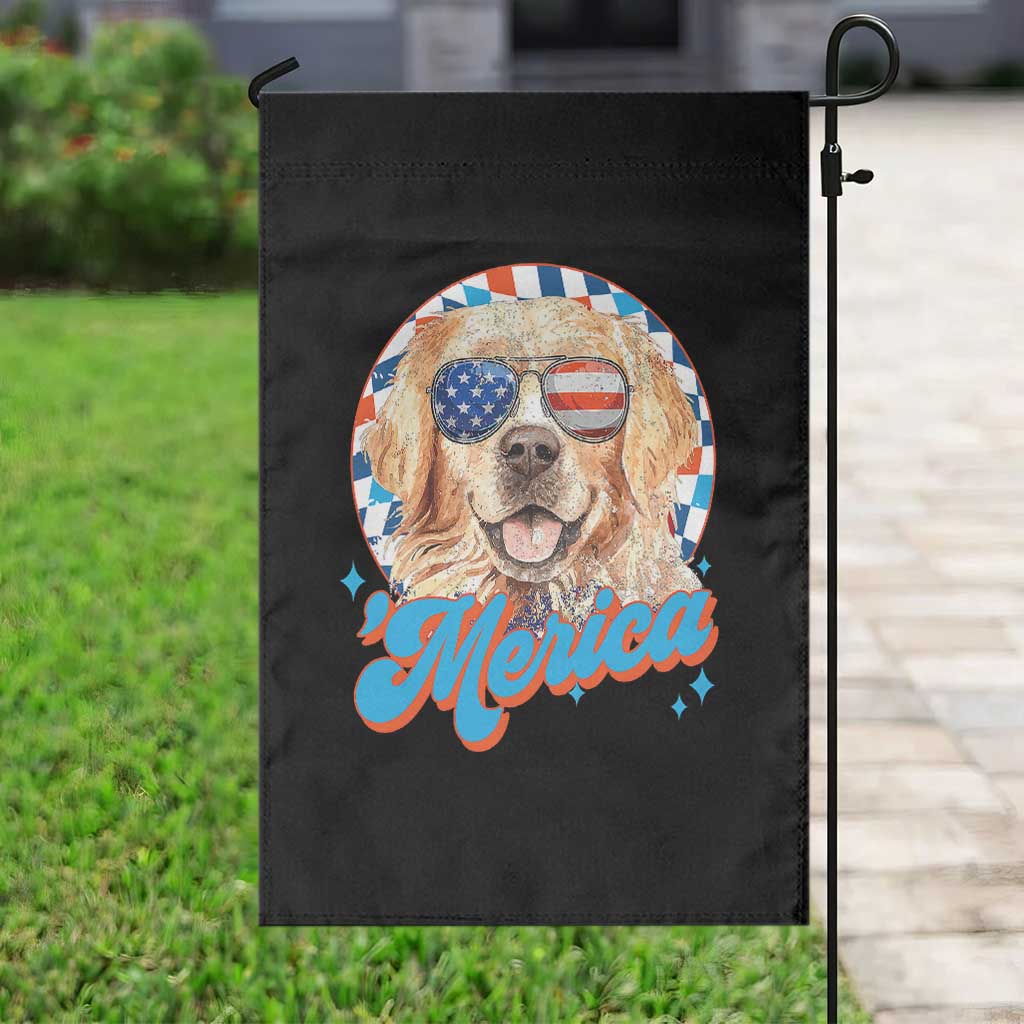 Funny Golden Retriever Merica Garden Flag 4th of July Dog Mom Dad Patriotic USA Retro 90s - Wonder Print Shop