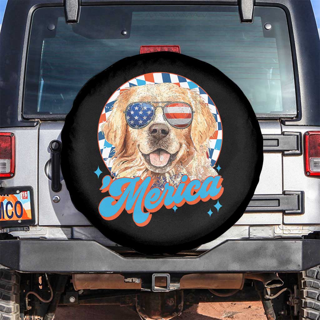 Funny Golden Retriever Merica Spare Tire Cover 4th of July Dog Mom Dad Patriotic USA Retro 90s - Wonder Print Shop