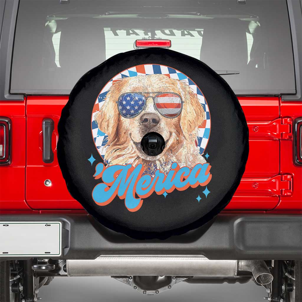 Funny Golden Retriever Merica Spare Tire Cover 4th of July Dog Mom Dad Patriotic USA Retro 90s - Wonder Print Shop