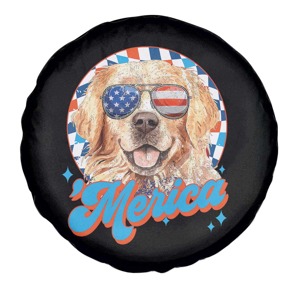 Funny Golden Retriever Merica Spare Tire Cover 4th of July Dog Mom Dad Patriotic USA Retro 90s - Wonder Print Shop
