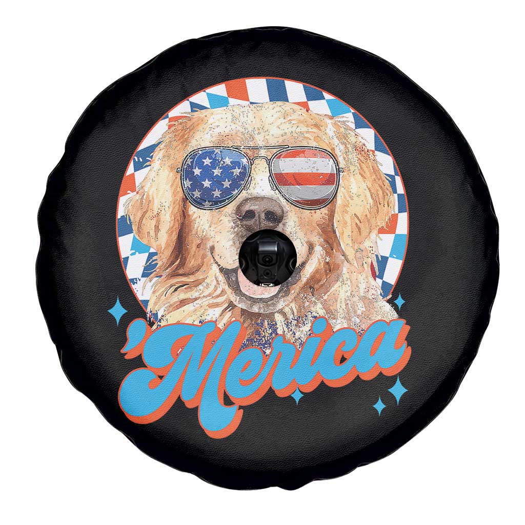 Funny Golden Retriever Merica Spare Tire Cover 4th of July Dog Mom Dad Patriotic USA Retro 90s - Wonder Print Shop