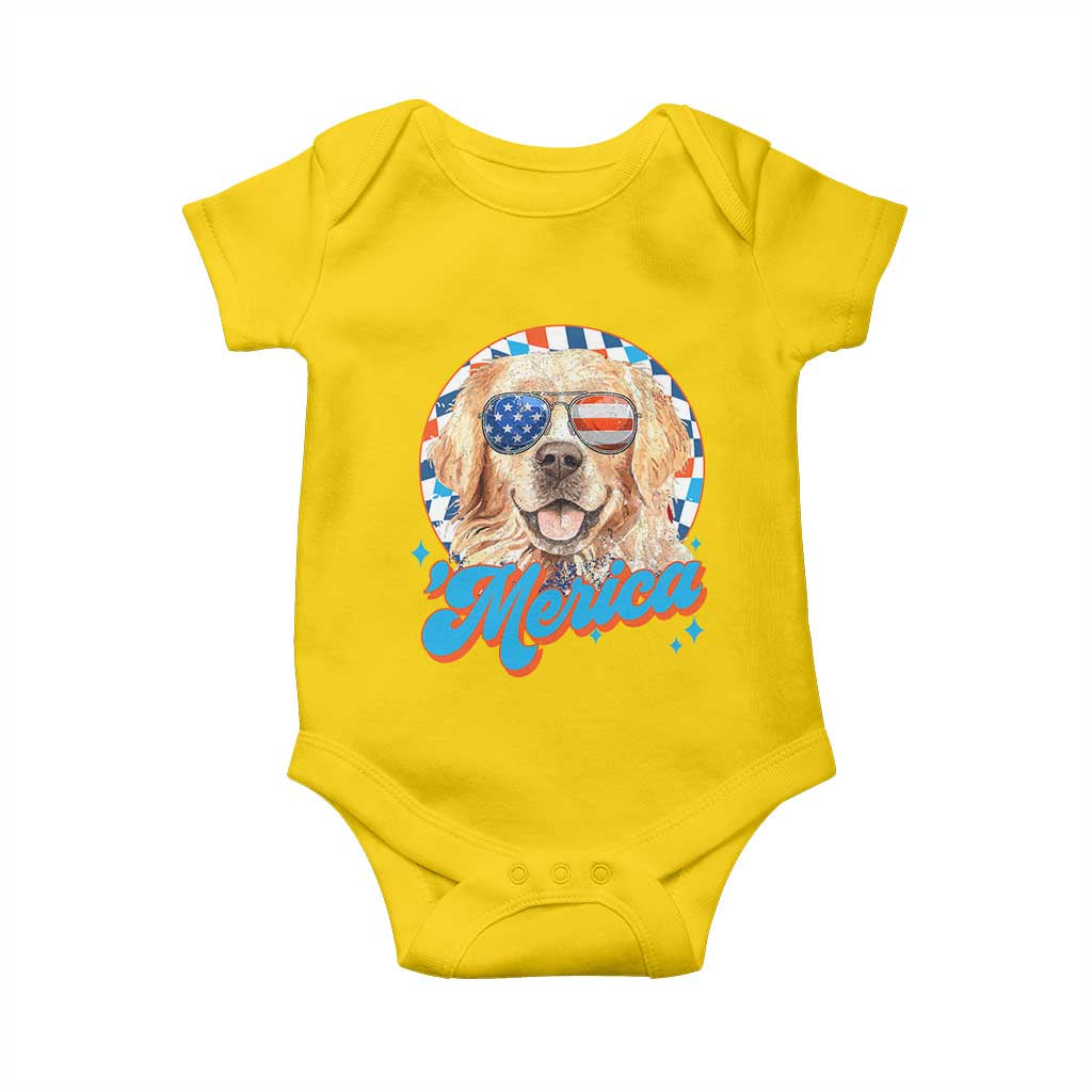 Funny Golden Retriever Merica Baby Onesie 4th of July Dog Mom Dad Patriotic USA Retro 90s - Wonder Print Shop