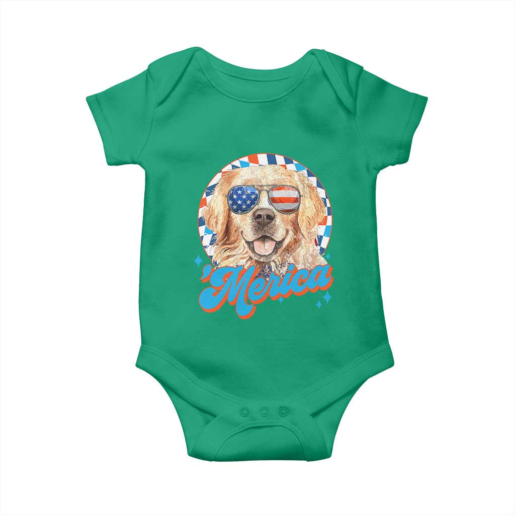 Funny Golden Retriever Merica Baby Onesie 4th of July Dog Mom Dad Patriotic USA Retro 90s - Wonder Print Shop
