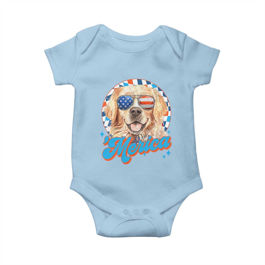 Funny Golden Retriever Merica Baby Onesie 4th of July Dog Mom Dad Patriotic USA Retro 90s - Wonder Print Shop
