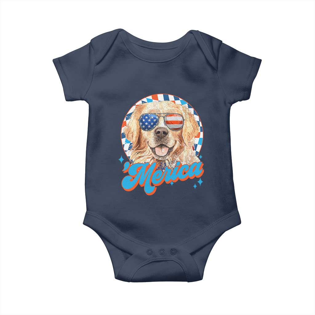 Funny Golden Retriever Merica Baby Onesie 4th of July Dog Mom Dad Patriotic USA Retro 90s - Wonder Print Shop