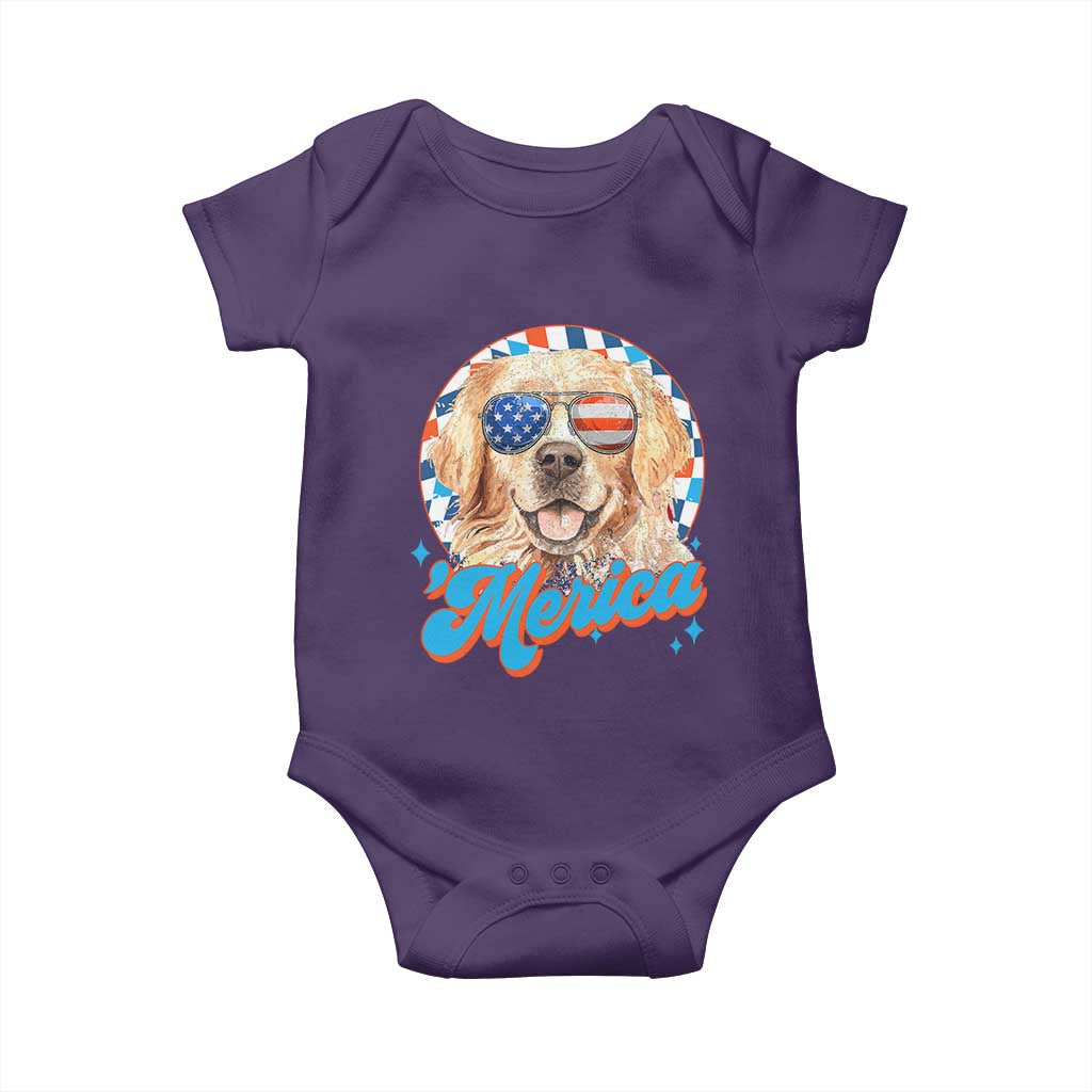 Funny Golden Retriever Merica Baby Onesie 4th of July Dog Mom Dad Patriotic USA Retro 90s - Wonder Print Shop