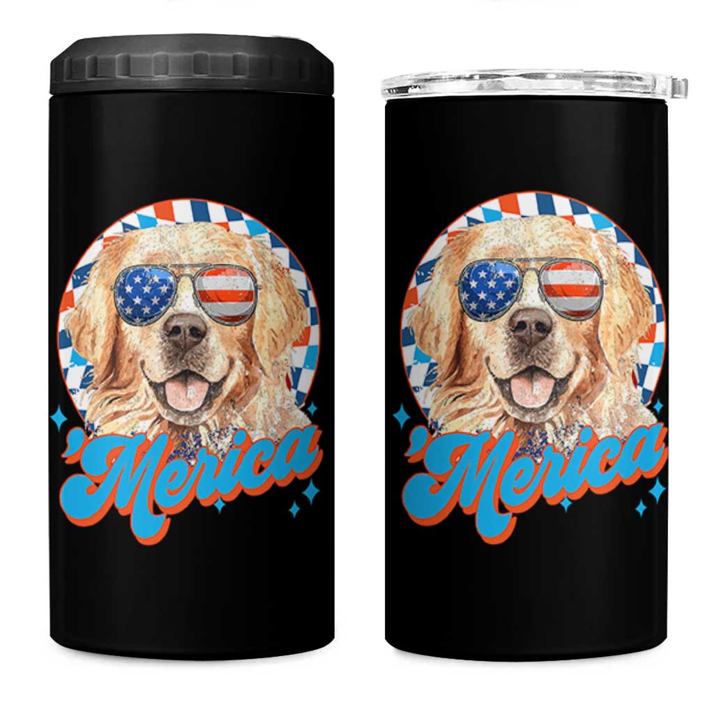 Funny Golden Retriever Merica 4 in 1 Can Cooler Tumbler 4th of July Dog Mom Dad Patriotic USA Retro 90s - Wonder Print Shop
