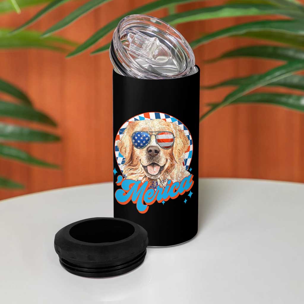 Funny Golden Retriever Merica 4 in 1 Can Cooler Tumbler 4th of July Dog Mom Dad Patriotic USA Retro 90s - Wonder Print Shop
