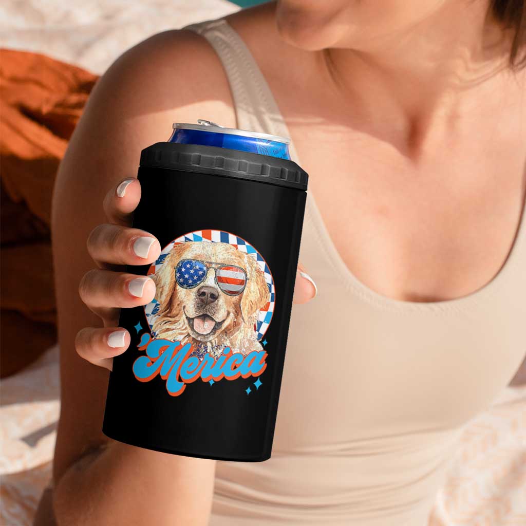 Funny Golden Retriever Merica 4 in 1 Can Cooler Tumbler 4th of July Dog Mom Dad Patriotic USA Retro 90s - Wonder Print Shop