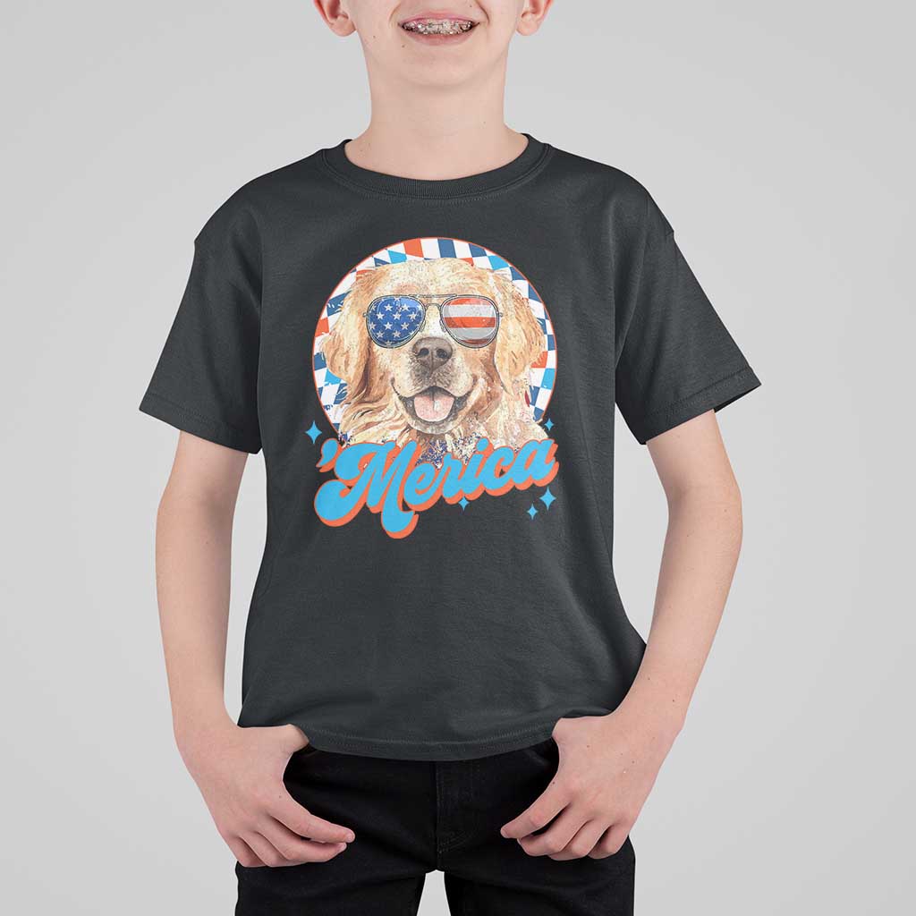 Funny Golden Retriever Merica T Shirt For Kid 4th of July Dog Mom Dad Patriotic USA Retro 90s - Wonder Print Shop