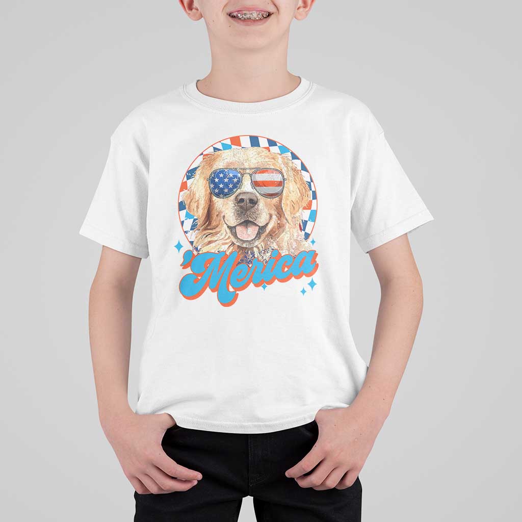 Funny Golden Retriever Merica T Shirt For Kid 4th of July Dog Mom Dad Patriotic USA Retro 90s - Wonder Print Shop